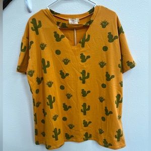 Grace & Emma NWT Mustard Yellow Short Sleeve Shirt w/ Cut Out and Cactus Design
